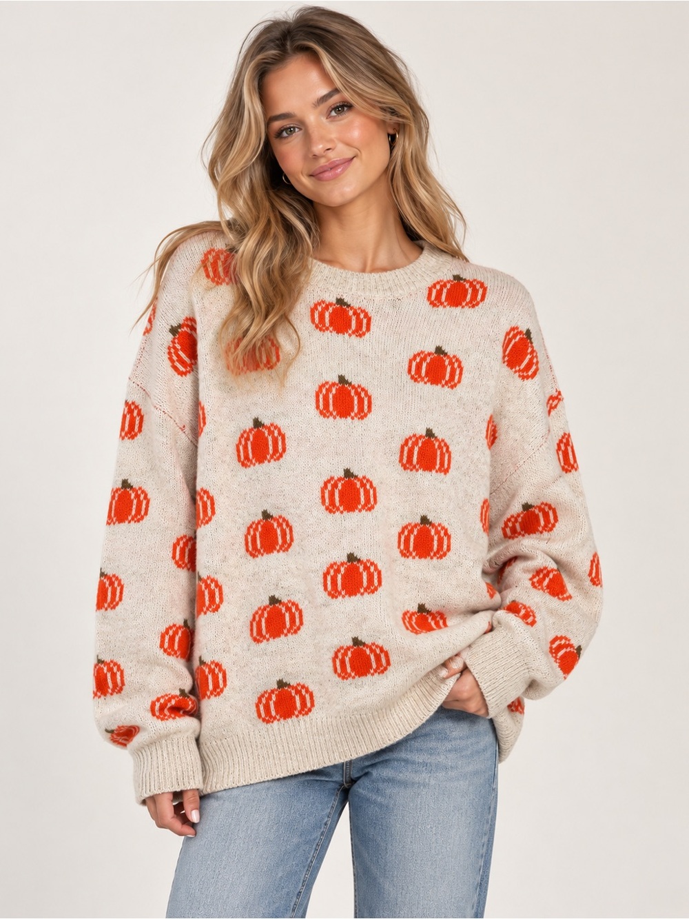 Oversized Vince Camuto Pumpkin Sweater XS Oatmeal Orange Fall Halloween